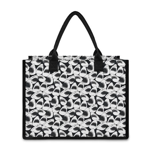 White And Grey Shark Pattern Print Canvas Tote Bag