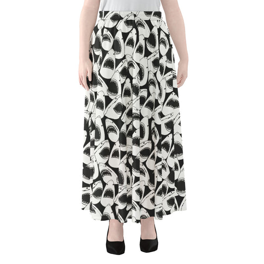 White And Grey Shark Pattern Print Chiffon Maxi Skirt