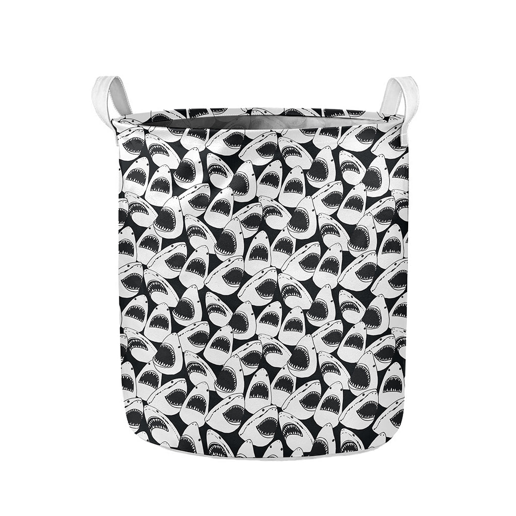 White And Grey Shark Pattern Print Collapsible Laundry Basket