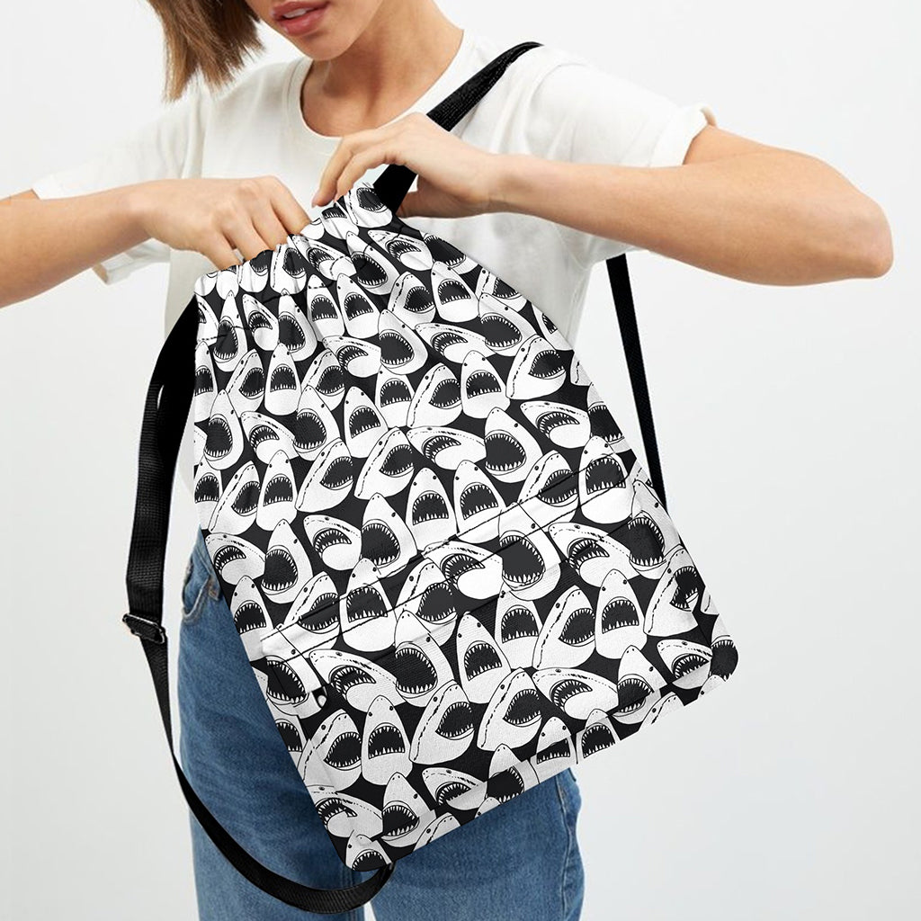 White And Grey Shark Pattern Print Drawstring Backpack