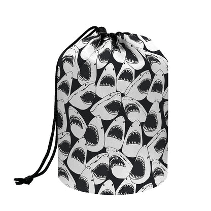 White And Grey Shark Pattern Print Drawstring Makeup Bag