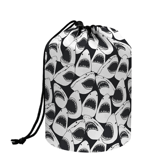 White And Grey Shark Pattern Print Drawstring Makeup Bag
