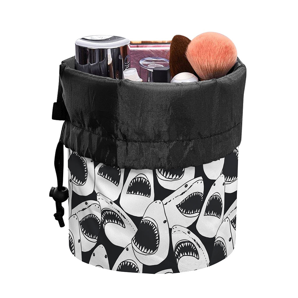 White And Grey Shark Pattern Print Drawstring Makeup Bag