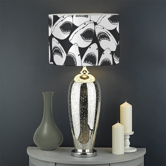 White And Grey Shark Pattern Print Drum Lamp Shade