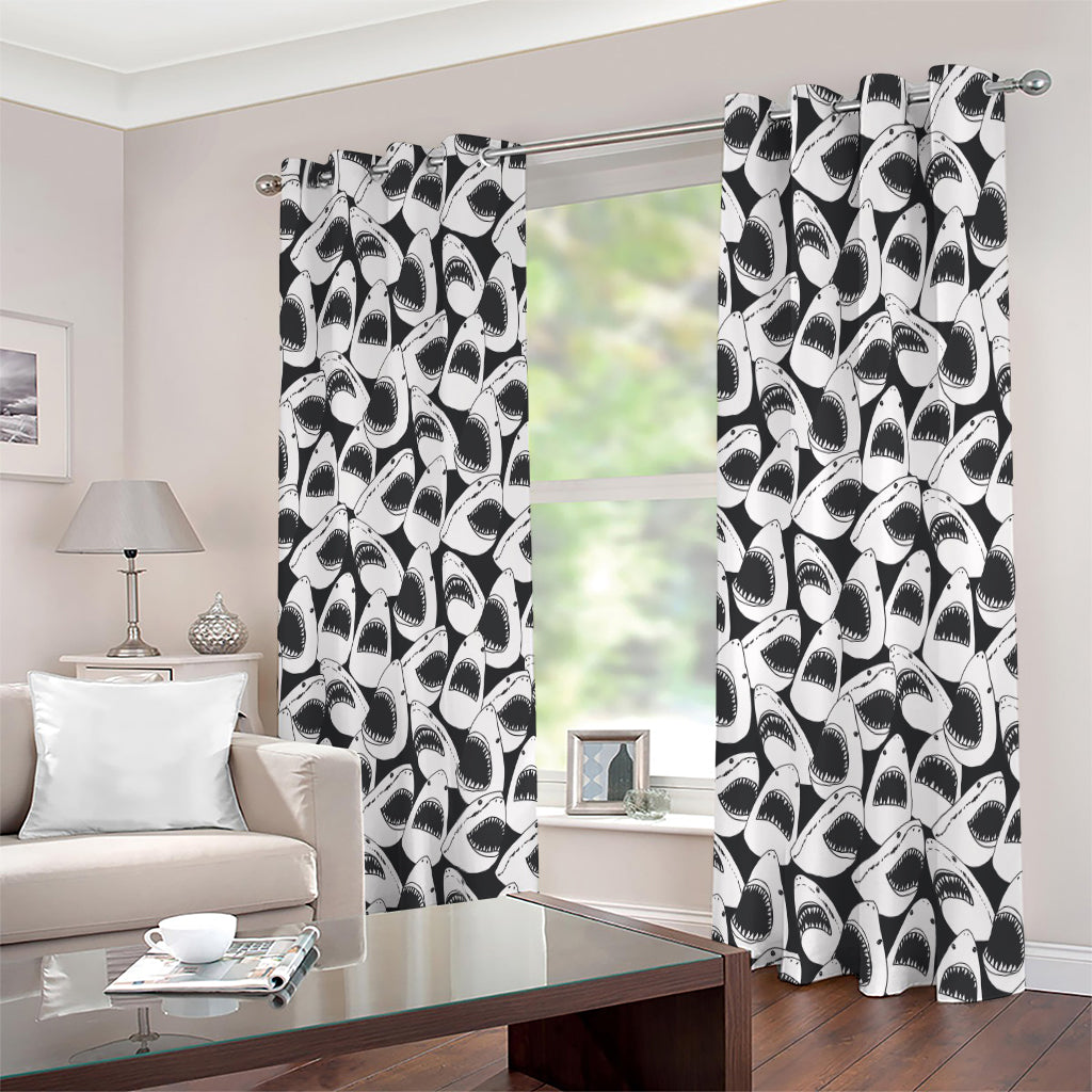 White And Grey Shark Pattern Print Extra Wide Grommet Curtains