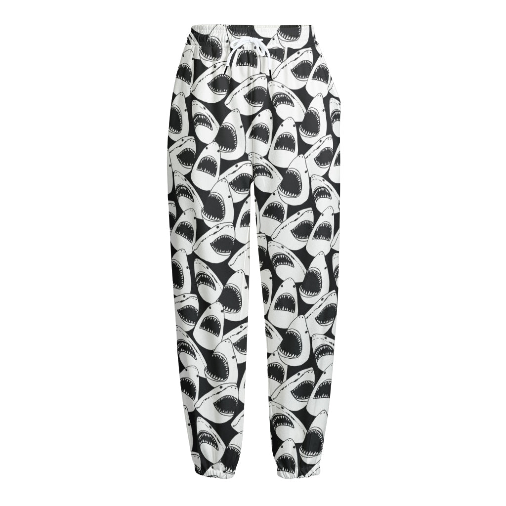 White And Grey Shark Pattern Print Fleece Lined Knit Pants