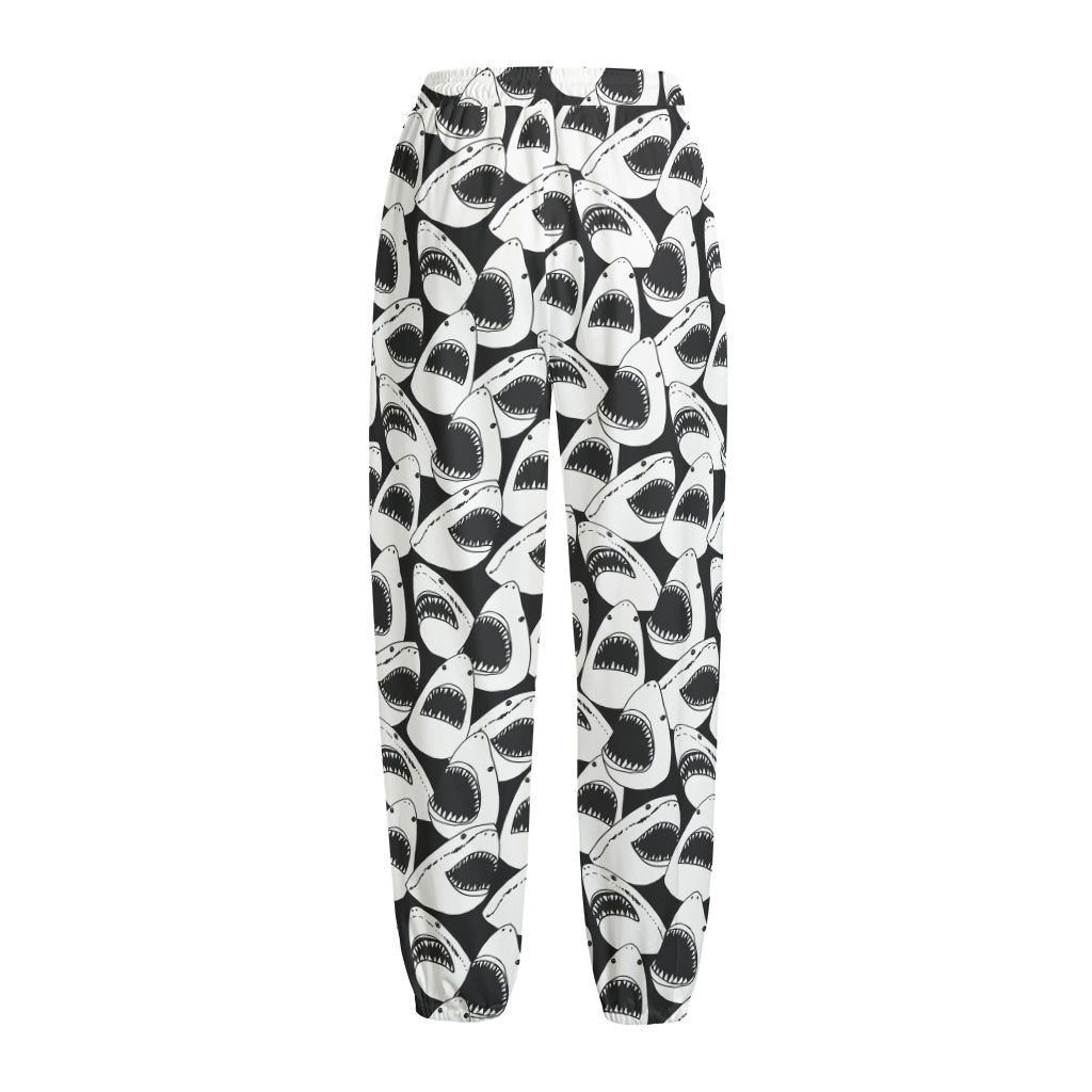 White And Grey Shark Pattern Print Fleece Lined Knit Pants