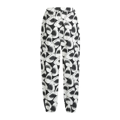 White And Grey Shark Pattern Print Fleece Lined Knit Pants