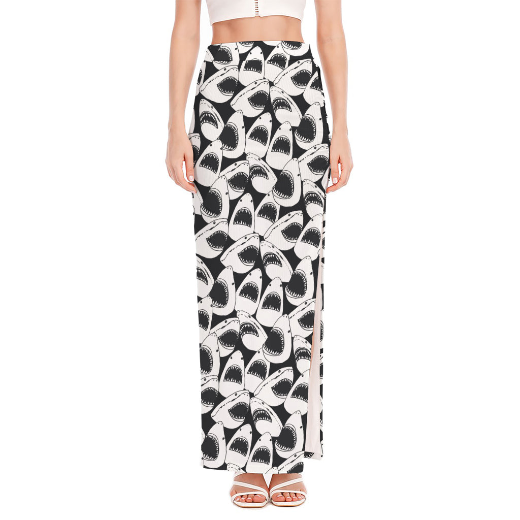 White And Grey Shark Pattern Print High Slit Maxi Skirt