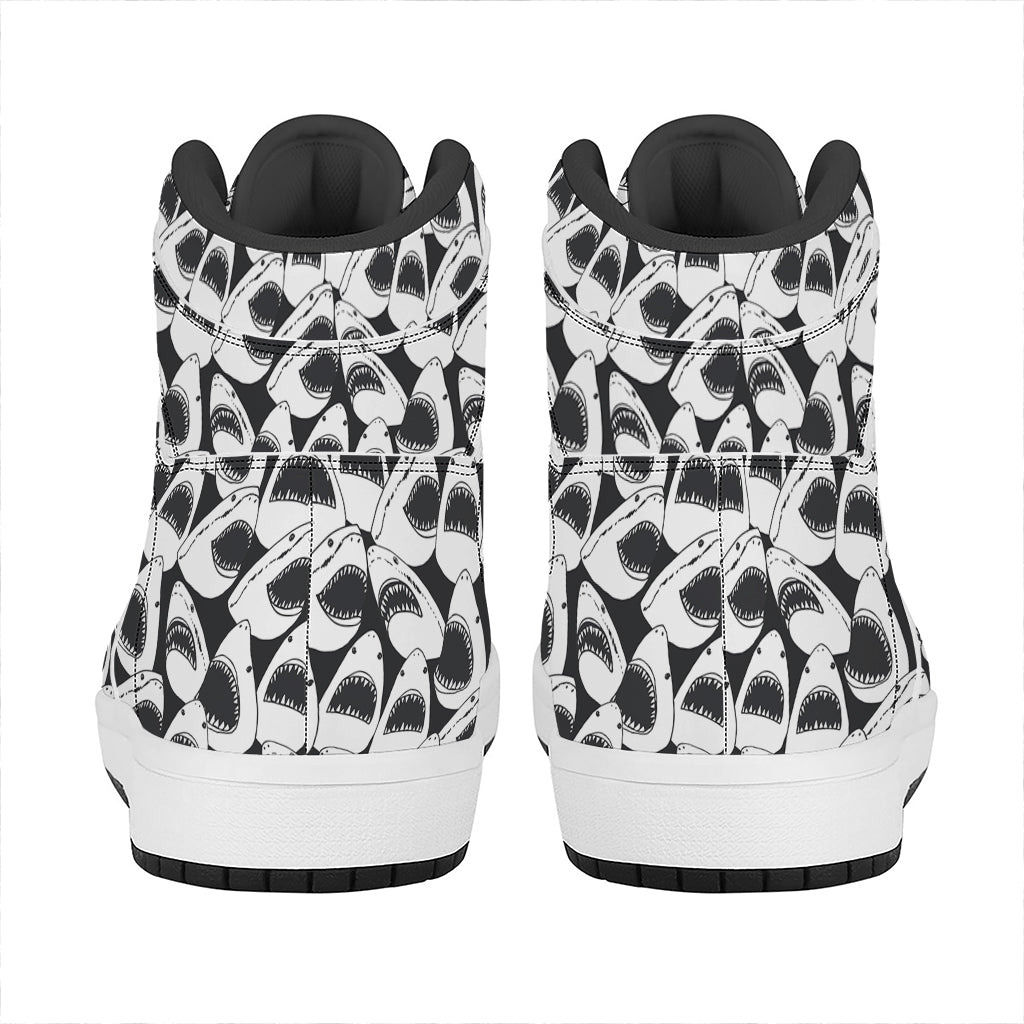 White And Grey Shark Pattern Print High Top Leather Sneakers