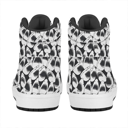 White And Grey Shark Pattern Print High Top Leather Sneakers