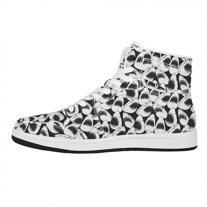 White And Grey Shark Pattern Print High Top Leather Sneakers