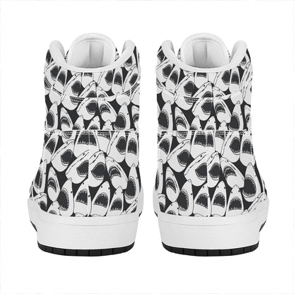 White And Grey Shark Pattern Print High Top Leather Sneakers