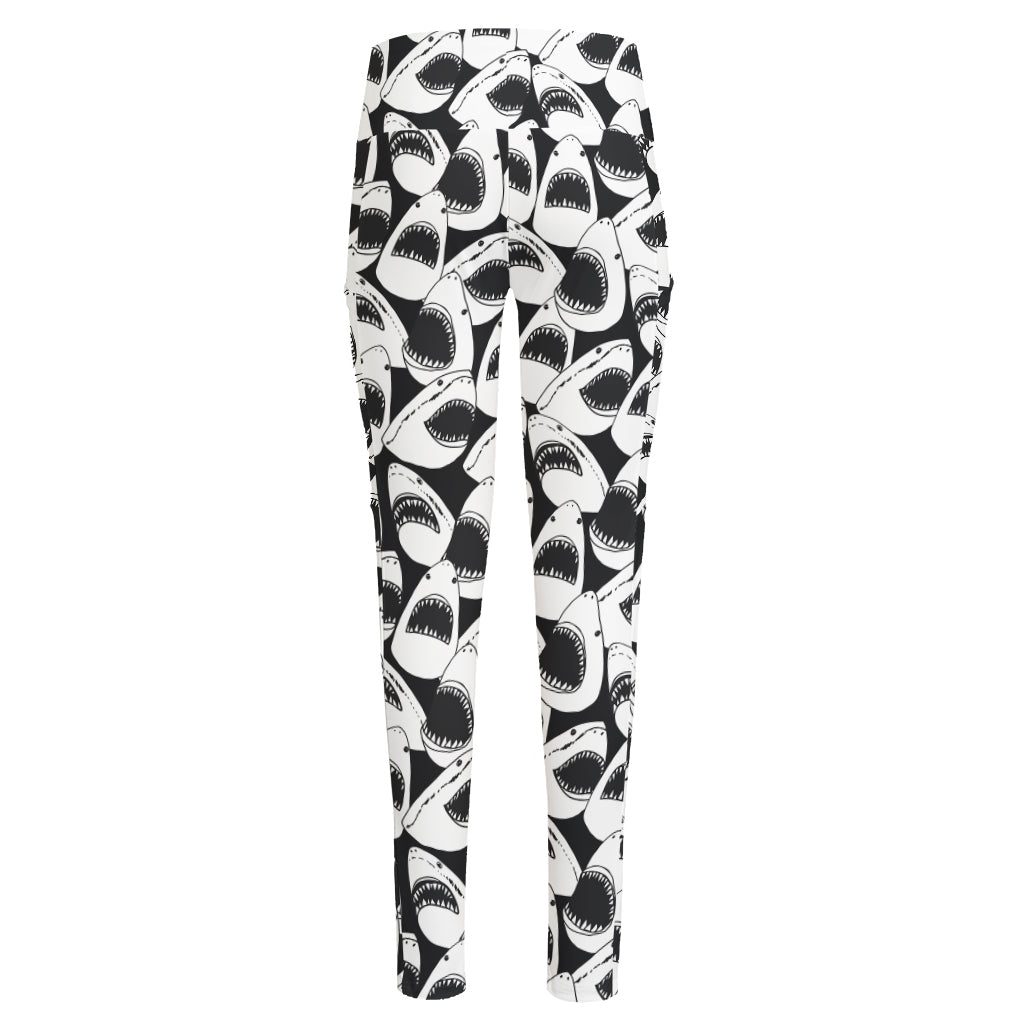 White And Grey Shark Pattern Print High-Waisted Pocket Leggings