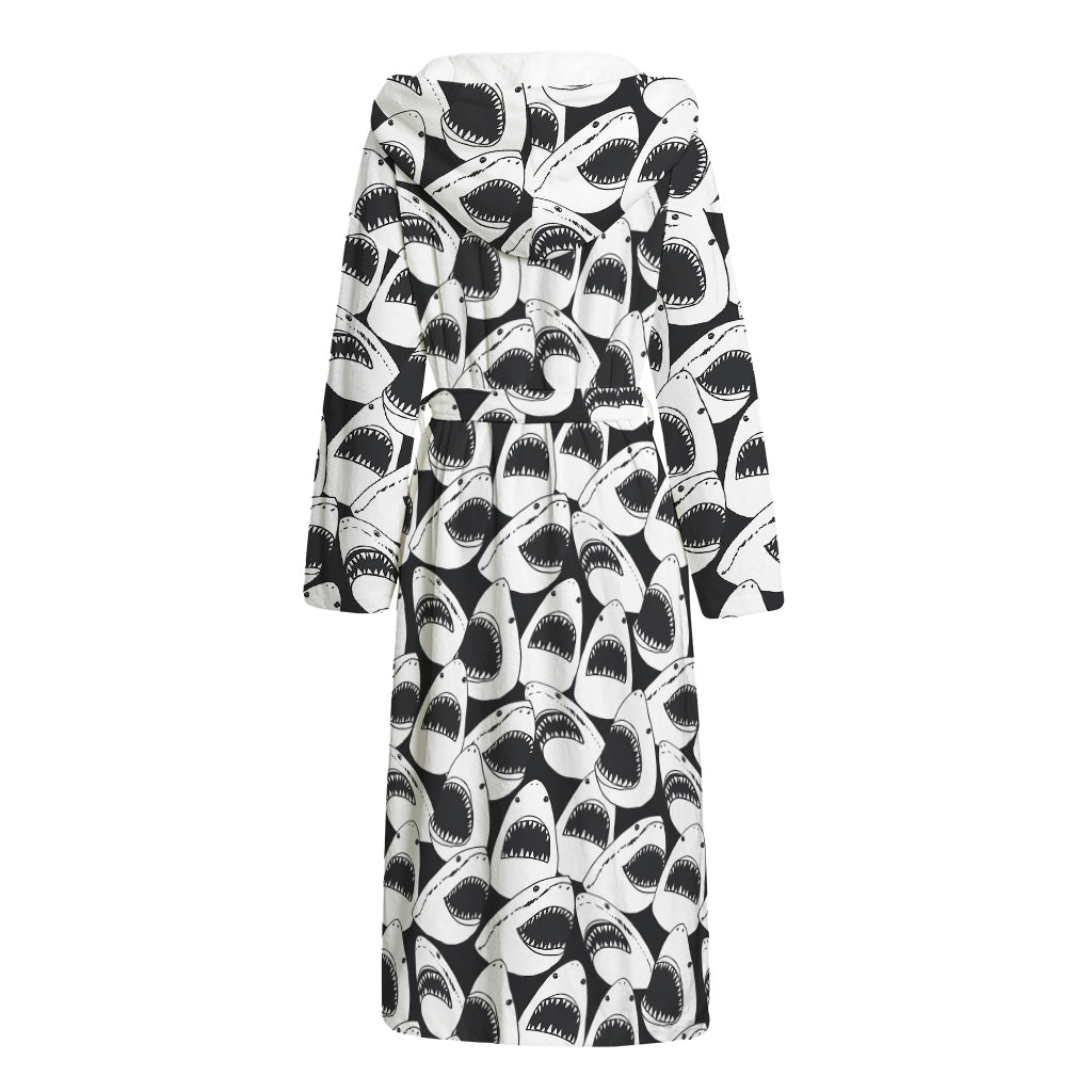 White And Grey Shark Pattern Print Hooded Bathrobe