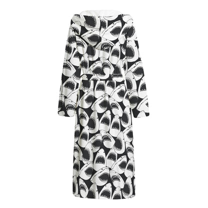White And Grey Shark Pattern Print Hooded Bathrobe