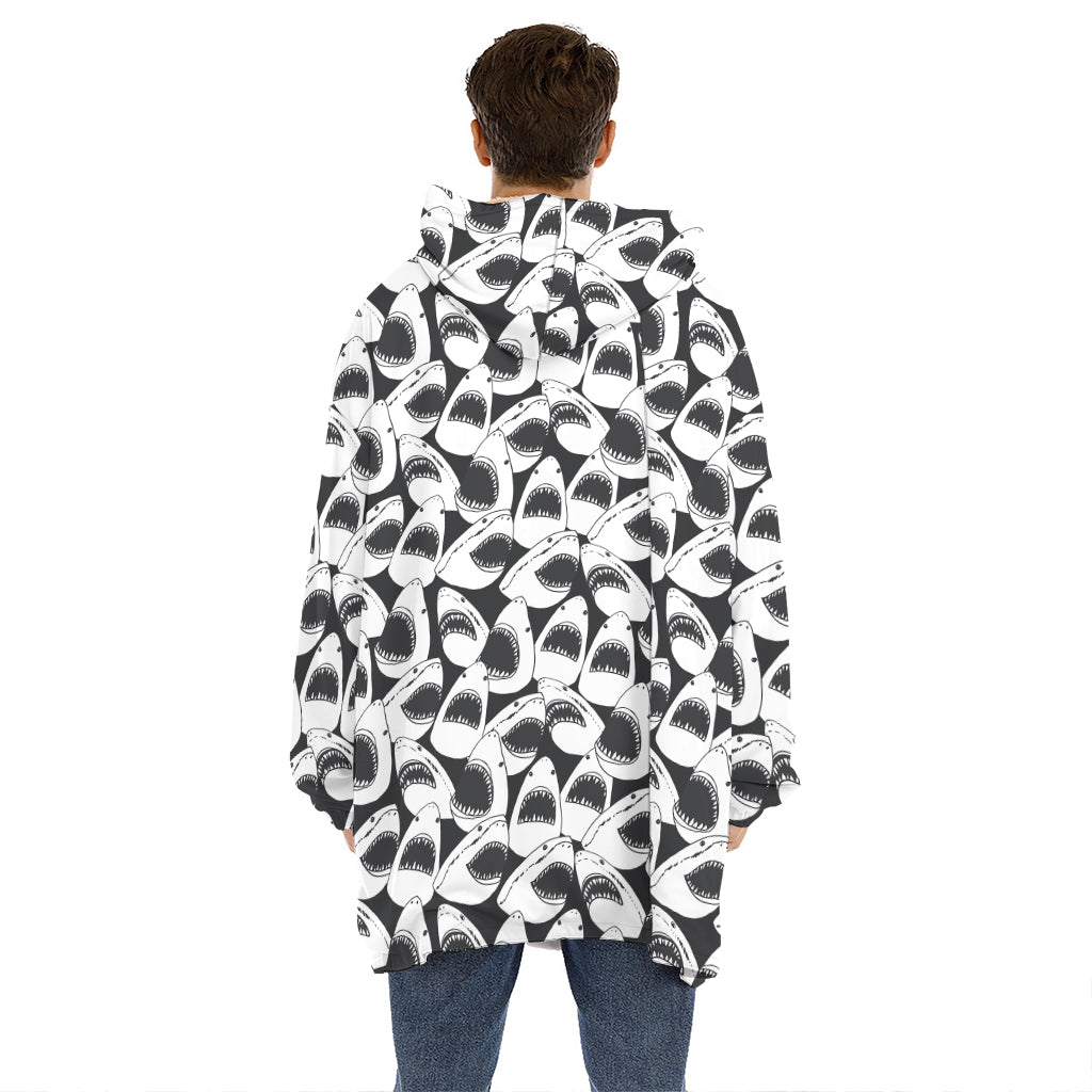 White And Grey Shark Pattern Print Hoodie Blanket