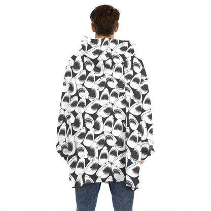 White And Grey Shark Pattern Print Hoodie Blanket