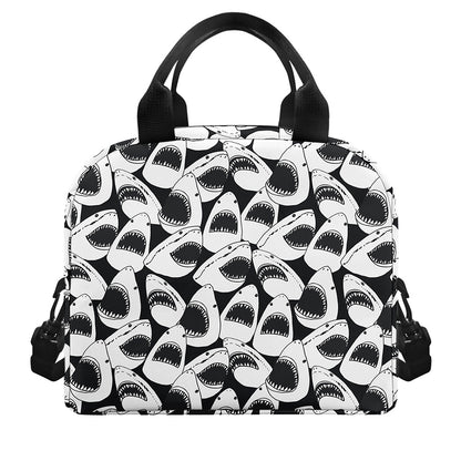 White And Grey Shark Pattern Print Insulated Lunch Bag