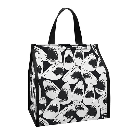 White And Grey Shark Pattern Print Insulated Lunch Tote