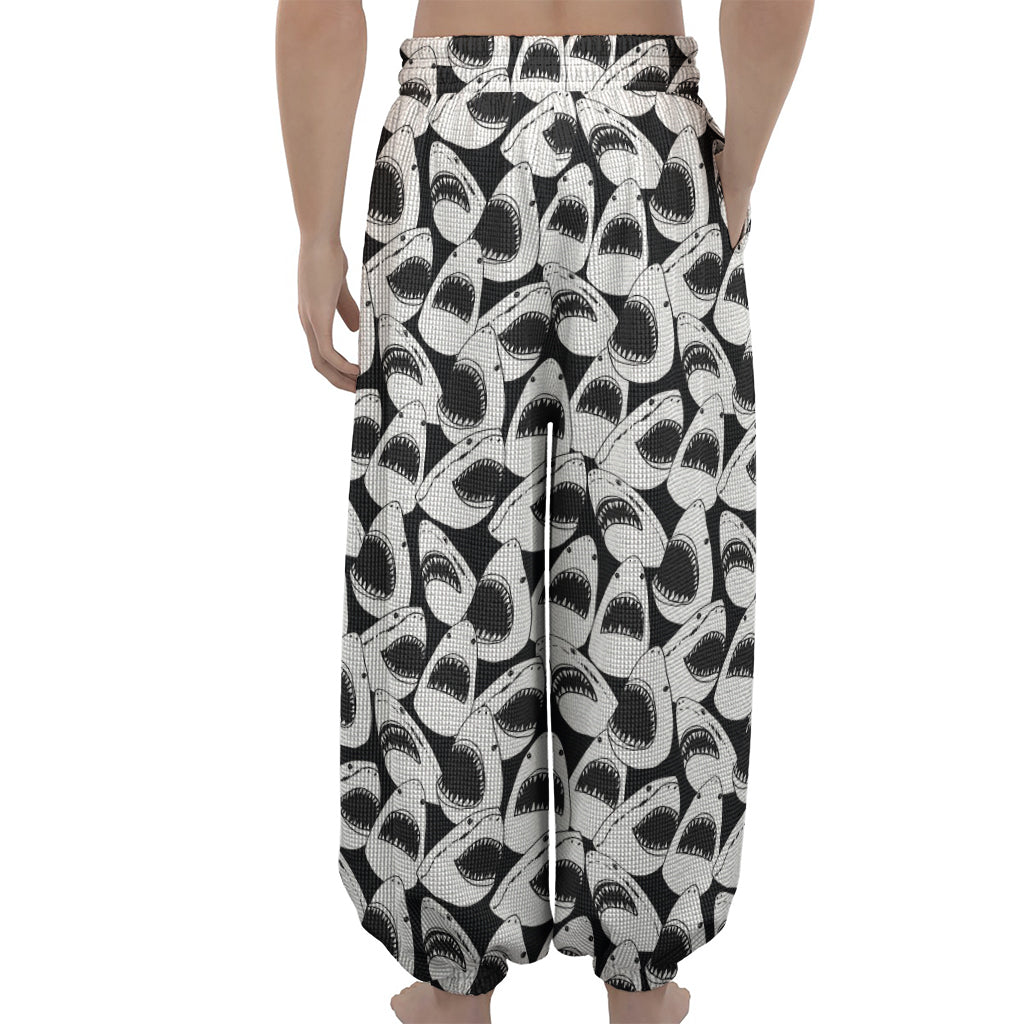 White And Grey Shark Pattern Print Lantern Pants