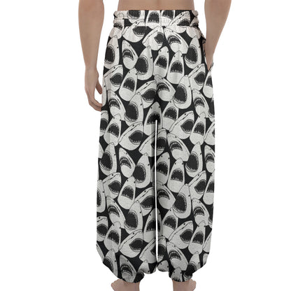 White And Grey Shark Pattern Print Lantern Pants