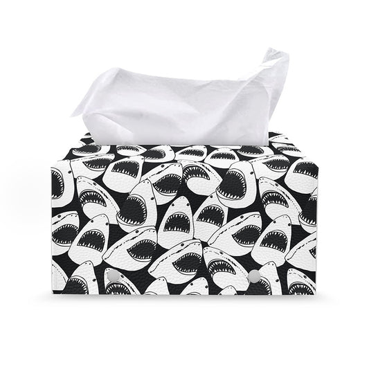 White And Grey Shark Pattern Print Leather Tissue Box Cover