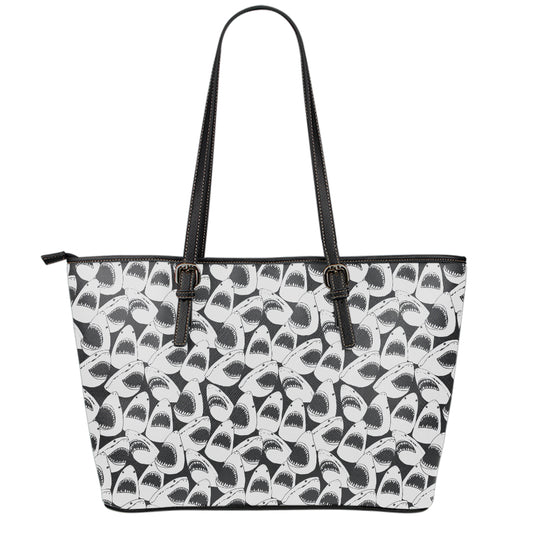 White And Grey Shark Pattern Print Leather Tote Bag