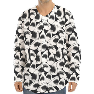 White And Grey Shark Pattern Print Long Sleeve Baseball Jersey