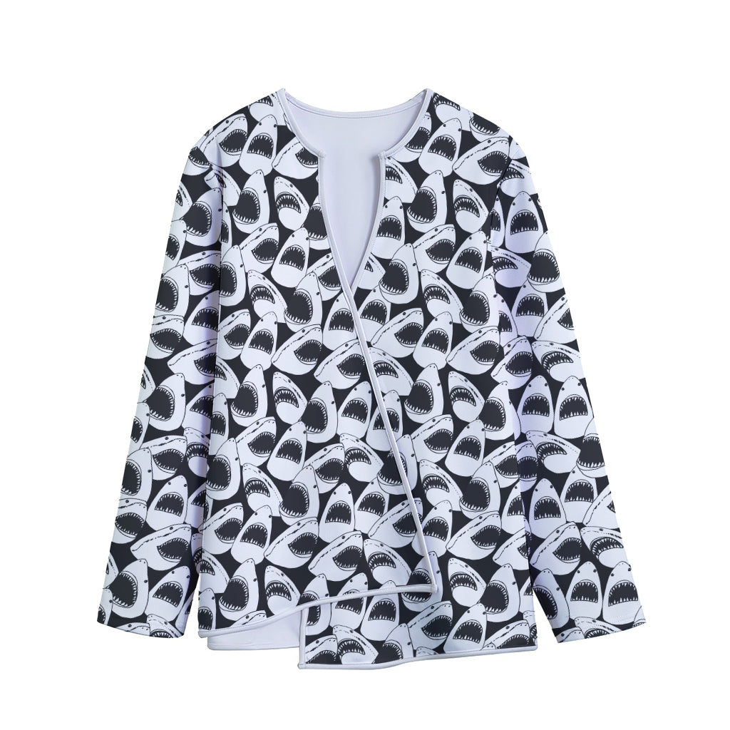 White And Grey Shark Pattern Print Long Sleeve Short Coat