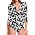 White And Grey Shark Pattern Print Long Sleeve Swimsuit