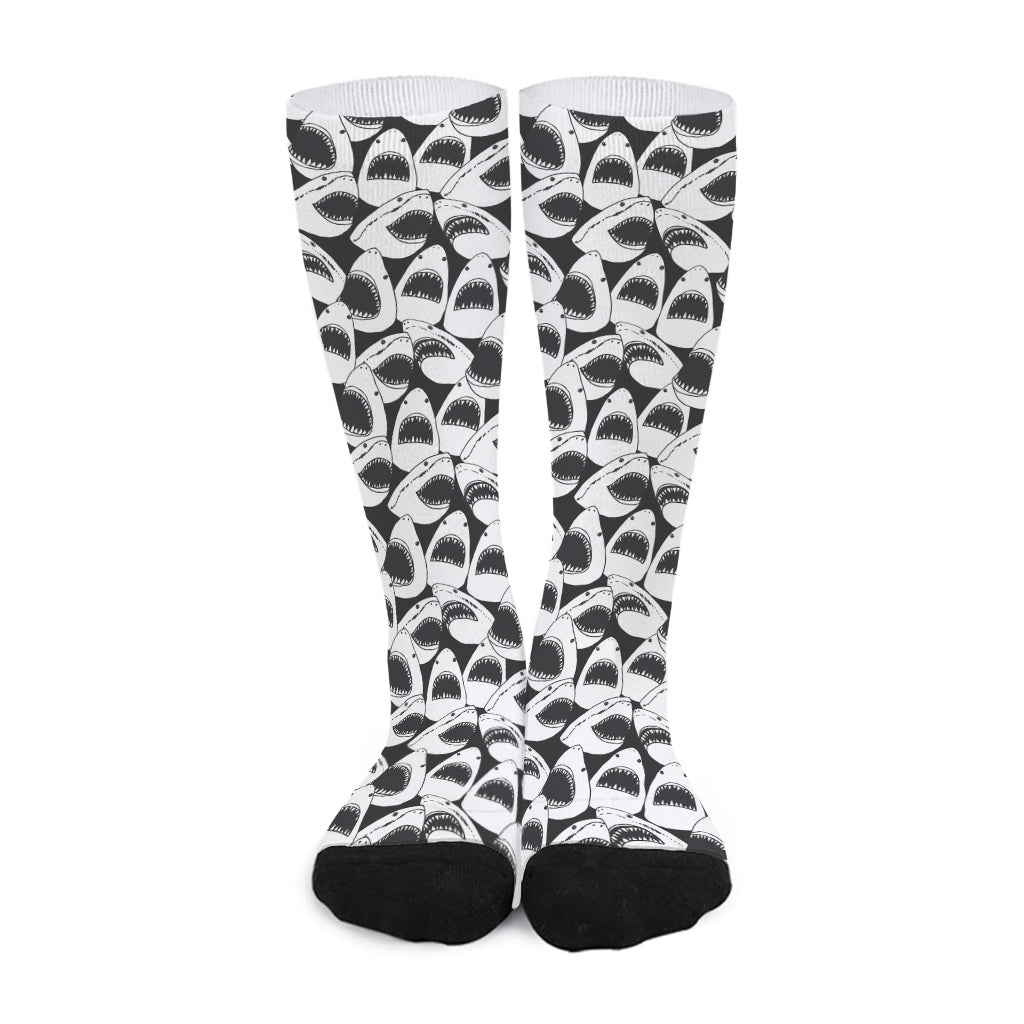 White And Grey Shark Pattern Print Long Socks