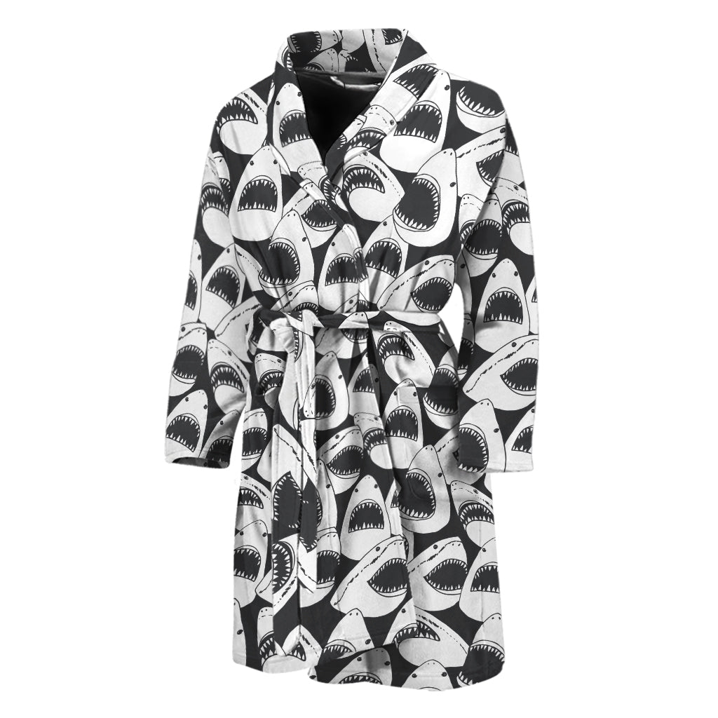 White And Grey Shark Pattern Print Men's Bathrobe