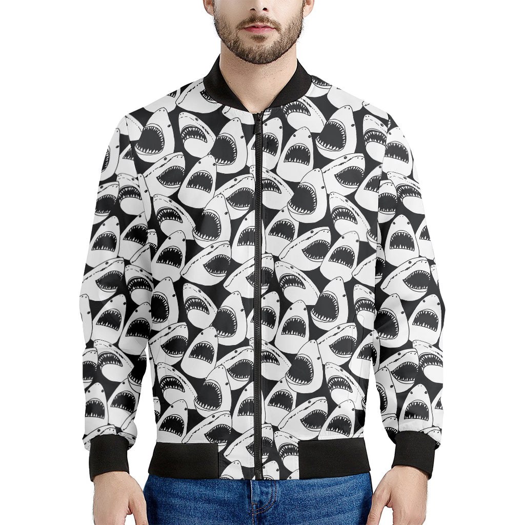 White And Grey Shark Pattern Print Men's Bomber Jacket