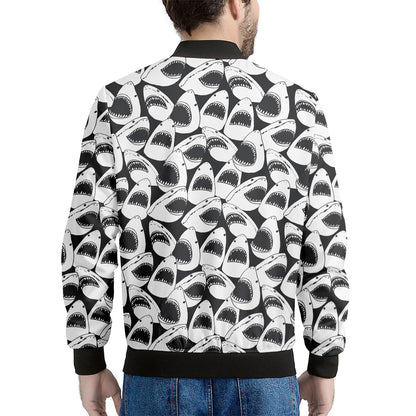White And Grey Shark Pattern Print Men's Bomber Jacket