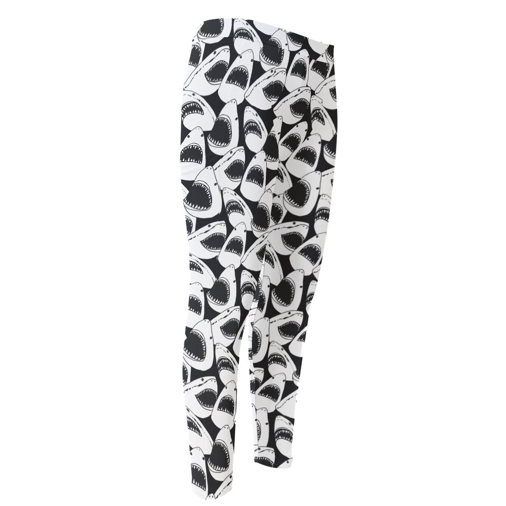 White And Grey Shark Pattern Print Men's Compression Pants