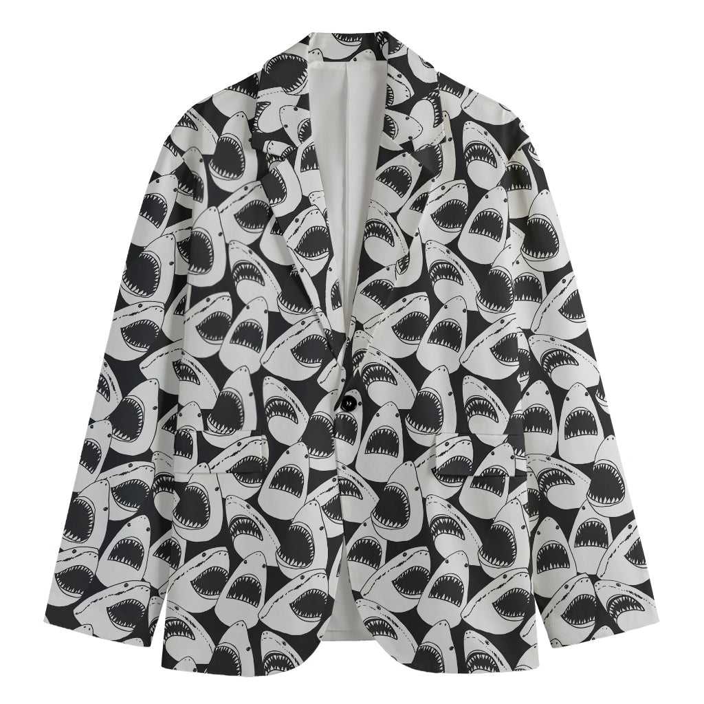 White And Grey Shark Pattern Print Men's Cotton Blazer