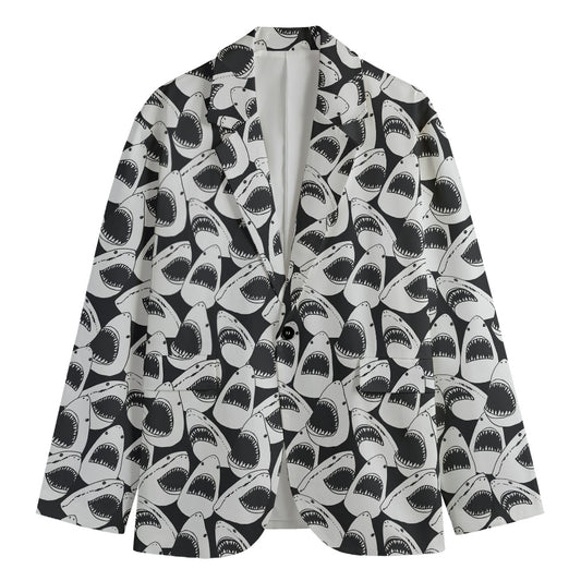 White And Grey Shark Pattern Print Men's Cotton Blazer