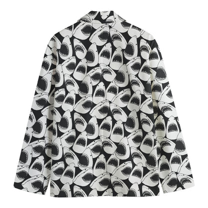 White And Grey Shark Pattern Print Men's Cotton Blazer