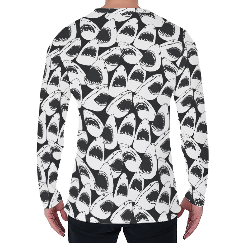 White And Grey Shark Pattern Print Men's Long Sleeve T-Shirt