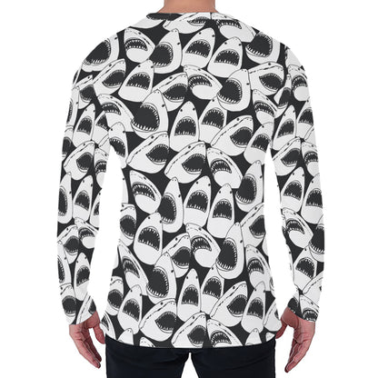 White And Grey Shark Pattern Print Men's Long Sleeve T-Shirt