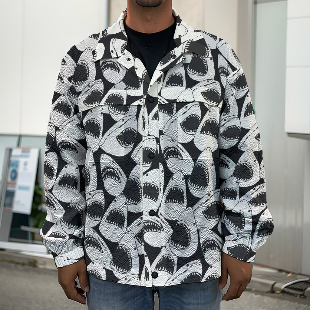 White And Grey Shark Pattern Print Men's Shirt Jacket
