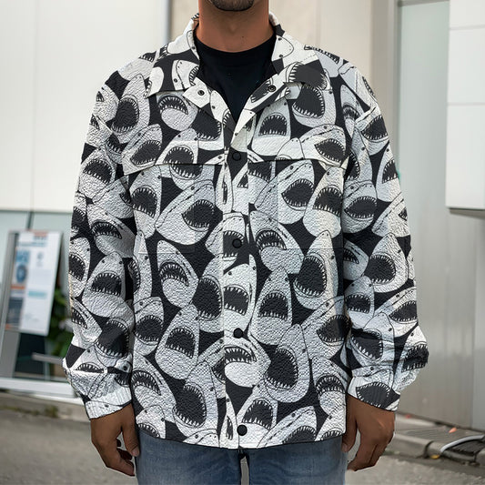 White And Grey Shark Pattern Print Men's Shirt Jacket