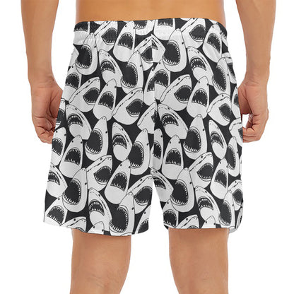 White And Grey Shark Pattern Print Men's Split Running Shorts