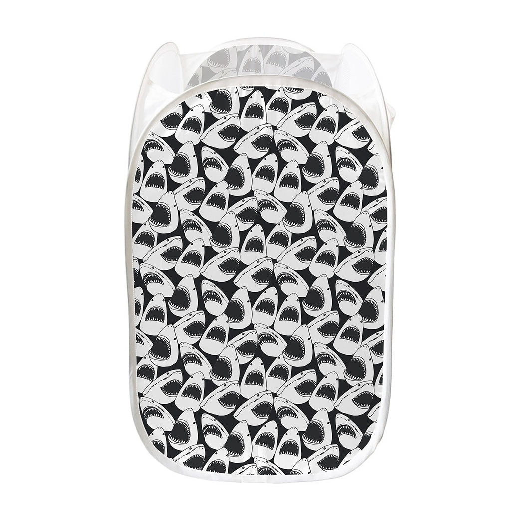 White And Grey Shark Pattern Print Mesh Laundry Hamper