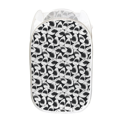 White And Grey Shark Pattern Print Mesh Laundry Hamper