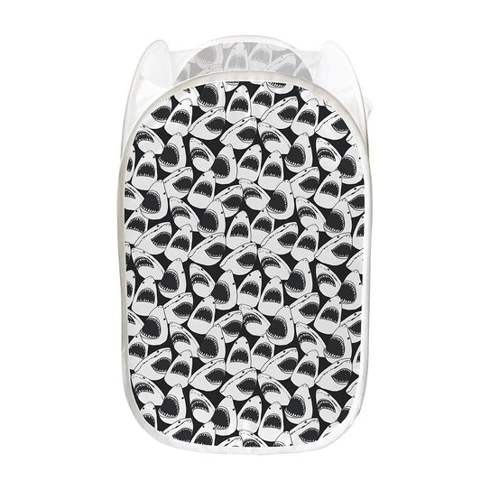 White And Grey Shark Pattern Print Mesh Laundry Hamper