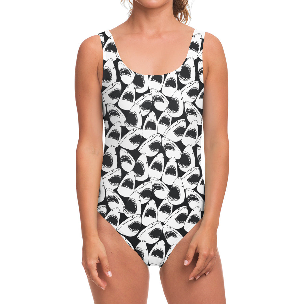 White And Grey Shark Pattern Print One Piece Swimsuit