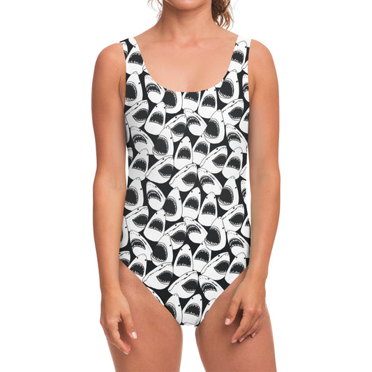 White And Grey Shark Pattern Print One Piece Swimsuit