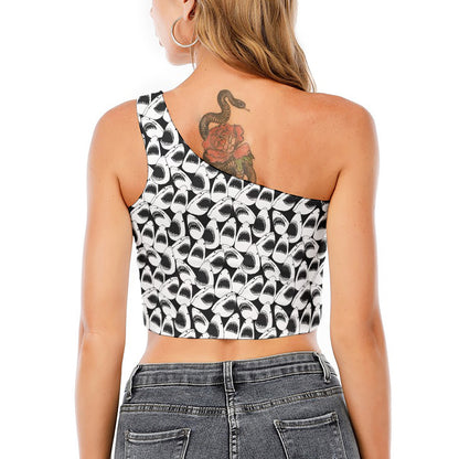 White And Grey Shark Pattern Print One Shoulder Crop Top